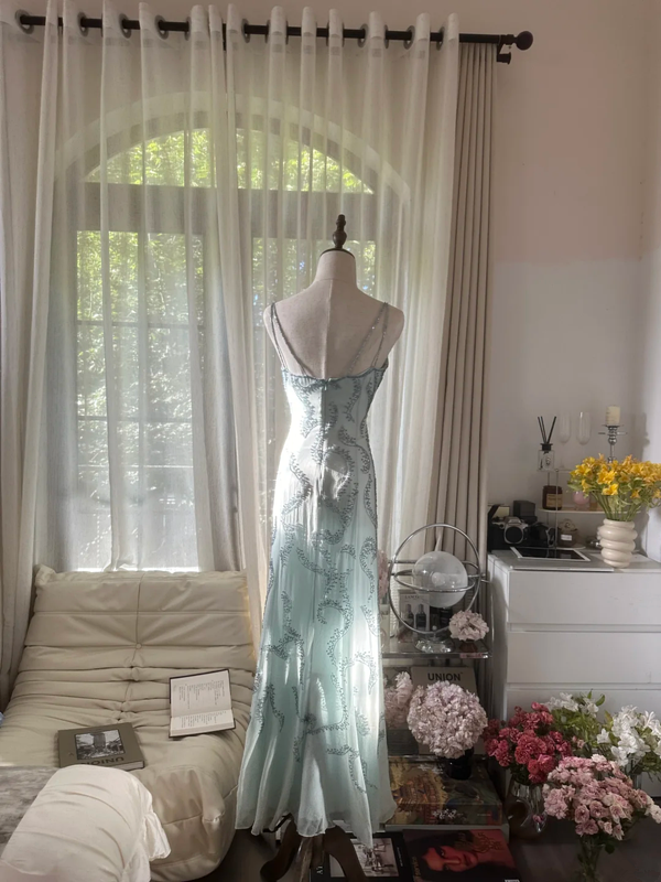 Light gray-blue halter-neck fitted waist sexy long ball gown R7770