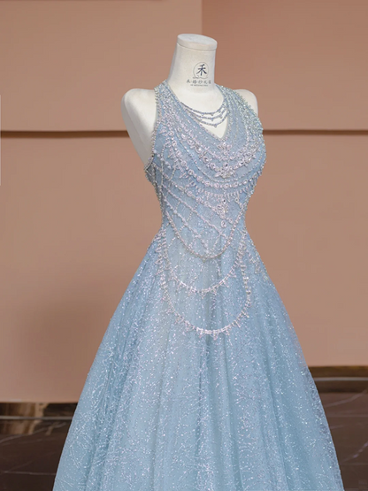 Light blue halter neck fitted waist A-line skirt long ball gown/bridal dress R8294