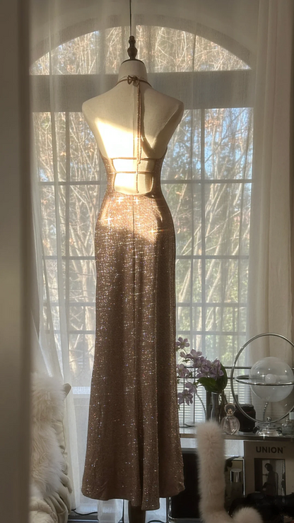 Champagne-colored halter-neck, fitted waist, bodycon long ball gown R7699