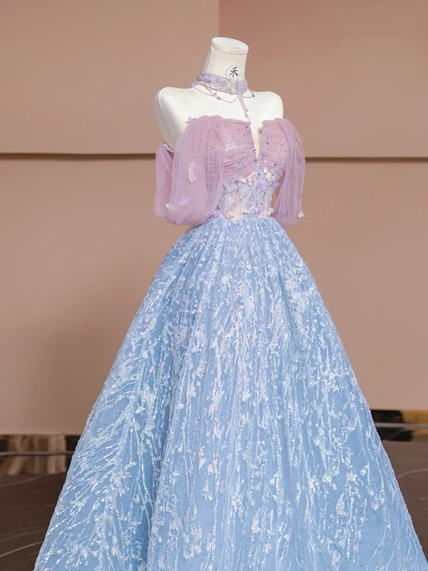 Light pink off-the-shoulder, fitted waist, long ball gown with light blue skirt; bridal gown R8351