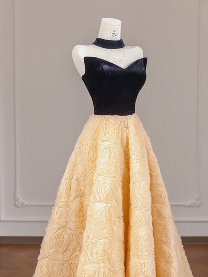 Black strapless bodice with apricot rose floral skirt, long ball gown R8264