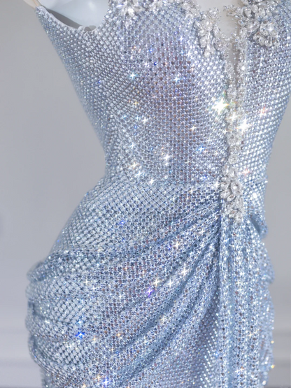 Light blue halter-neck, fitted, bodycon, sexy sequined long ball gown R8244