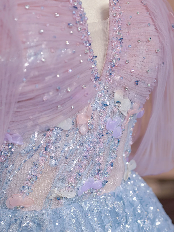 Light pink off-the-shoulder, fitted waist, long ball gown with light blue skirt; bridal gown R8351
