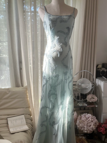 Light gray-blue halter-neck fitted waist sexy long ball gown R7770