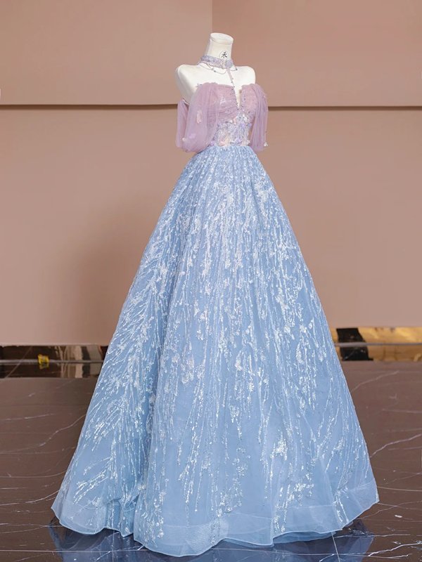 Light pink off-the-shoulder, fitted waist, long ball gown with light blue skirt; bridal gown R8351