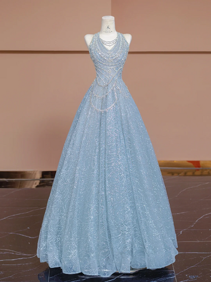 Light blue halter neck fitted waist A-line skirt long ball gown/bridal dress R8294