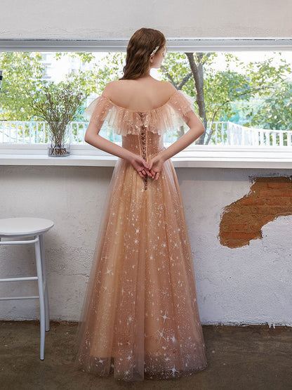 Champagne A-line Tulle Off Shoulder Prom Dress, Champagne Party Dress