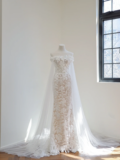 Apricot-colored white floral print off-the-shoulder fitted long ball gown/bridal dress R8499