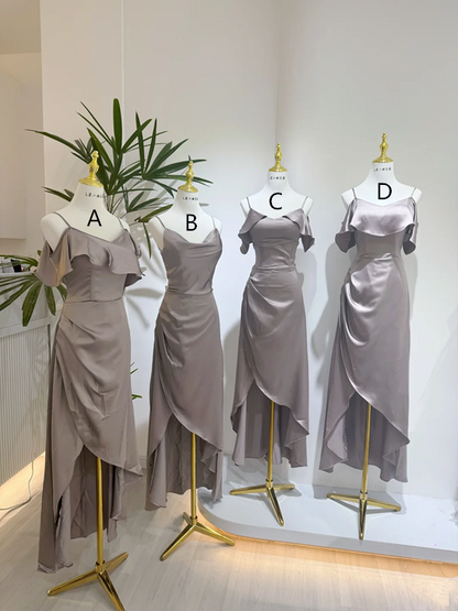 Gray spaghetti-strap satin waist-cinched slim-fit ball gown, bridesmaid dress R5945