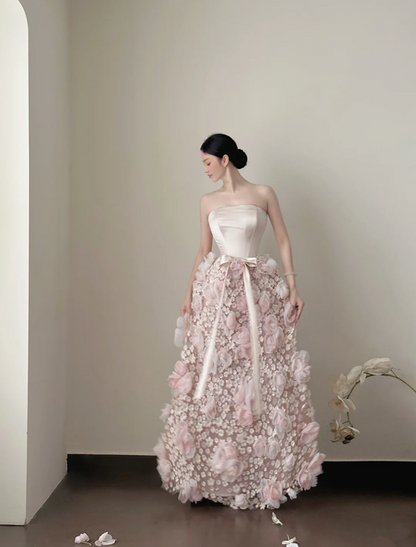 Light pink strapless, waist‑cinched, 3D floral ruffle hem, long prom dress R7969