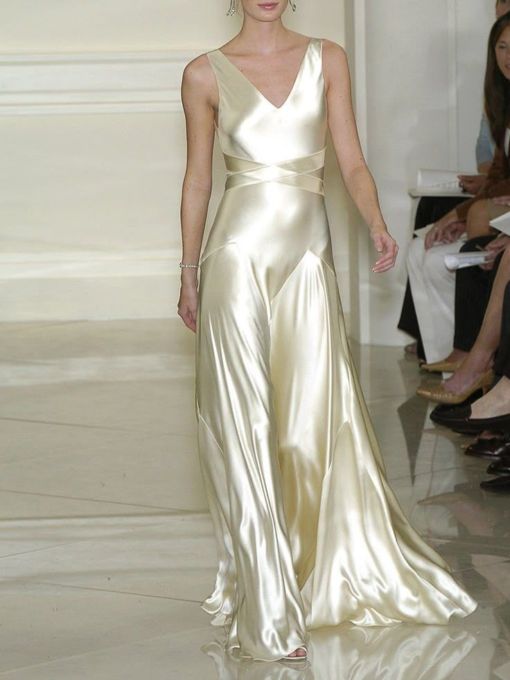 Elegant Ivory V Neck A-Line Satin Long Party Dresses Evening Dresses, D877