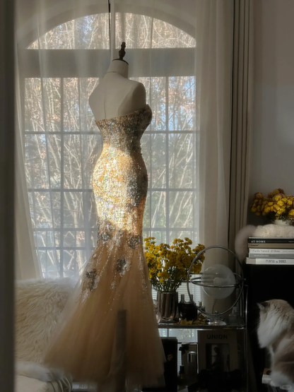 Elegant Mermaid Golden Sparkling Strapless Elegant Beaded Shinny Chiffon Evening Dress Prom Dress D1470