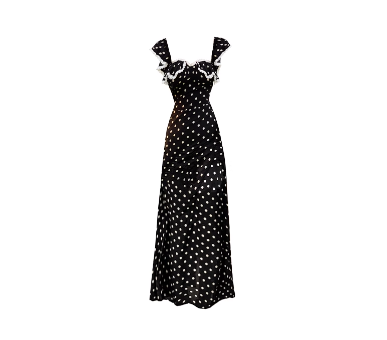 Tea break French retro polka dot dress 2025 new holiday slim temperament long dress R0041