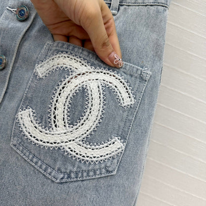 CC 25 Single-breasted Short Skirt Light Blue Denim Cotton