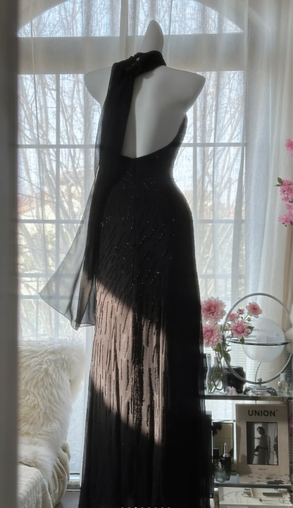 Charming Halter V Neck Black Chiffon Sequin Beaded Mermaid Long Evening Dress Formal Birthday Party Dress D1788