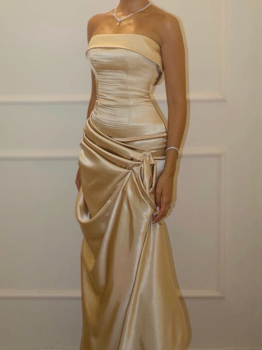 Fashion Strapless Satin Pleated Mermaid Long Wedding Guest Dress Party Gown