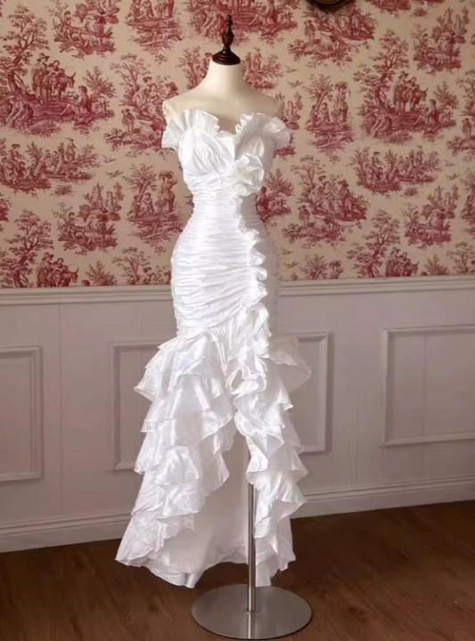 Classy White Mermaid Satin Pleated Strapless Hi Low Pleats Wedding Dress S182