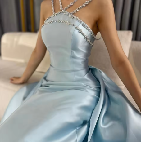 Gorgeous Blue Sleeveless Satin Beaded Mermaid Long Prom Dress Evening Gown