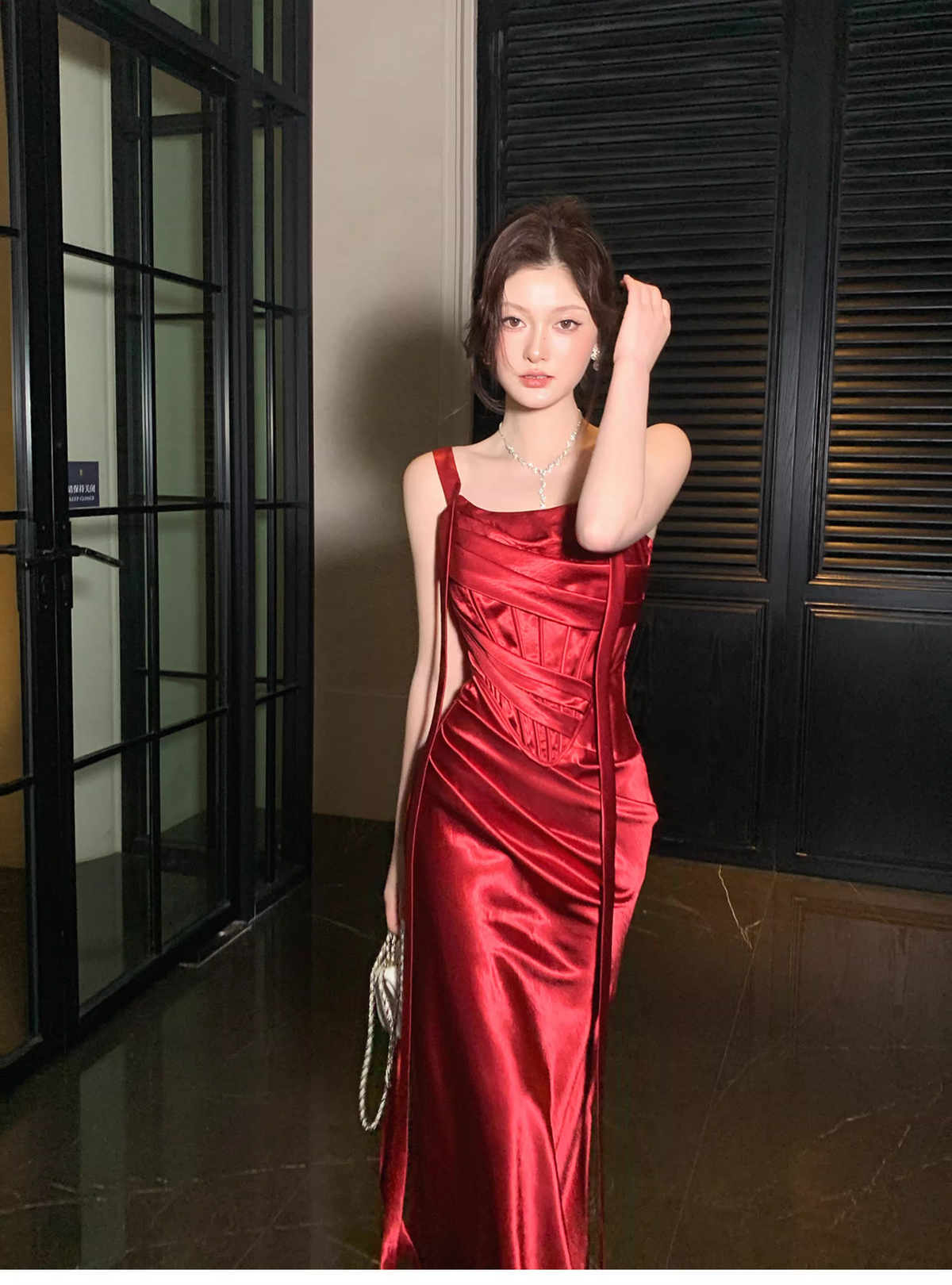 Charming Spaghetti Straps Red Satin Pleated Mermaid Long Wedding Guest Dress Party Dress SP1504