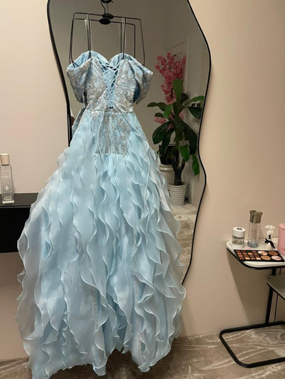 Glamorous Off The Shoulder Blue Satin Sequin Beaded Mermaid Evening Dress Long Prom Gown With Ruffles