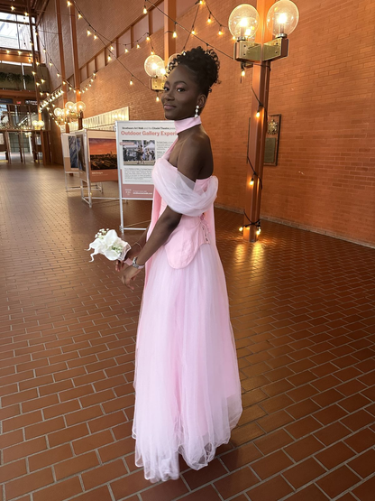 Sweet Off The Shoulder Pink Tulle Satin A Line Long Wedding Guest Dress Formal Bridesmaid Dress D1963