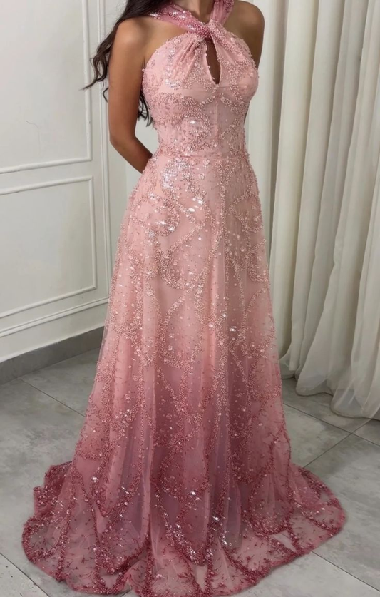 Glamorous Halter Ombre Pink Tulle Sequin Beaded Long Evening Dress Birthday Prom Dresses SP1305
