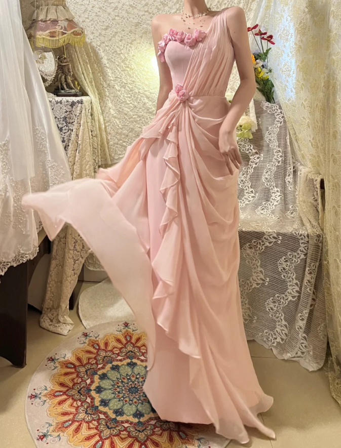 Pretty Pink Chiffon Pleated One Shoulder Mermaid Long Party Dress Evening Gown With Flowers