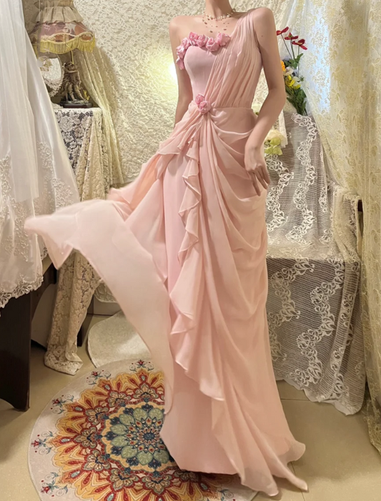 Pretty Pink Chiffon Pleated One Shoulder Mermaid Long Party Dress Evening Gown With Flowers