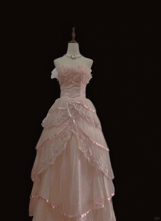 Pink Tulle With Lace Princess Party Dress, Strapless Birthday Evening Dress S184