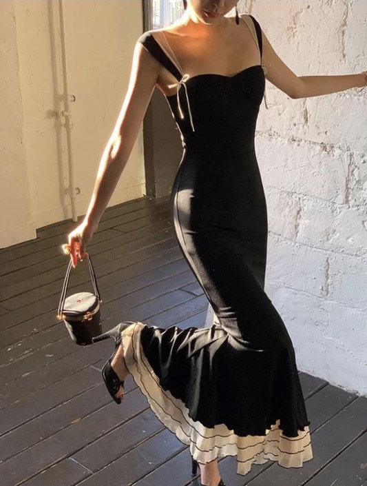 Elegant Spaghetti Straps Black Satin Layered Mermaid Evening Dress Long Birthday Party Gown