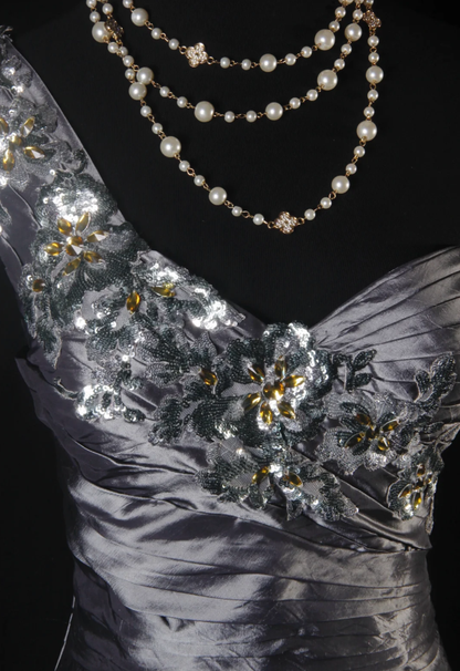 Fashion One Shoulder Satin Pleated Mermaid Long Party Dress Gray Birthday Prom Dress With Sequins D2228