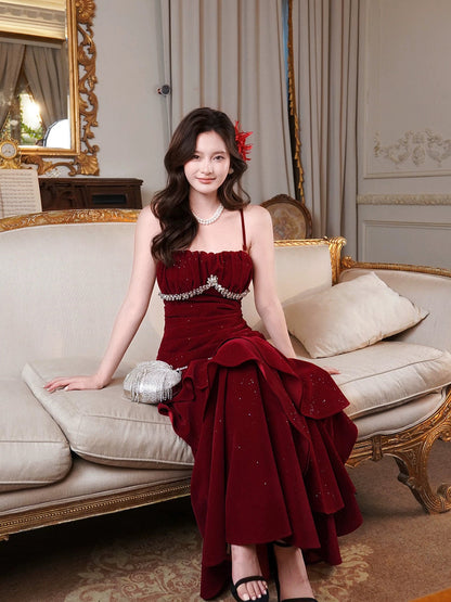 Wine Red Mermaid Velvet Layeres Beaded Party Dress, Wine Red Velvet Formal Dress