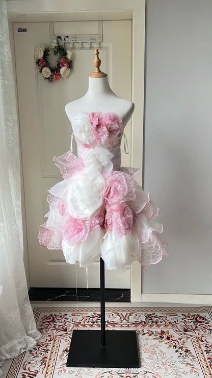 New Homecoming Dress Strapless Flower Cascade Back to School Outfits Party Dress  D6472