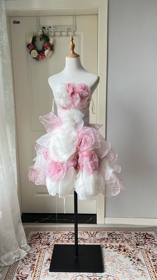 New Homecoming Dress Strapless Flower Cascade Back to School Outfits Party Dress  D6472