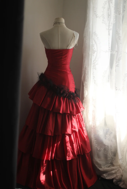 Vintage Red Strapless Satin Layered Mermaid Evening Dress Long Party Dress D2311