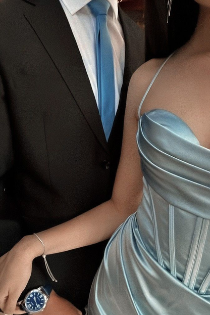 Pretty Blue Straps Sheath Satin Long Party Dress Bridesmaid Dress Evening Dress, D919
