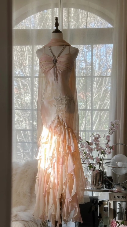 Fairy Pink Spaghetti Straps Mermaid Beaded Long Evening Dresses Birthday Outfits, D1071