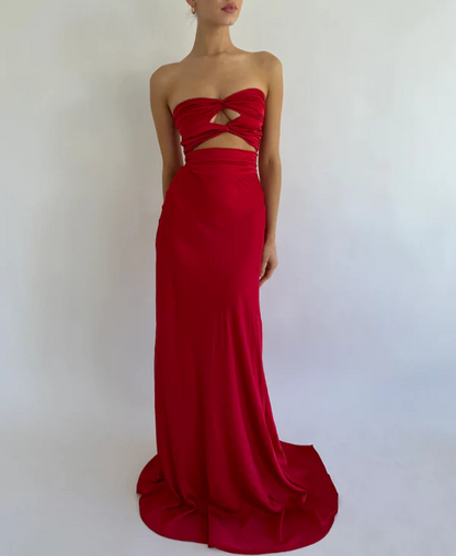 Simple Red Strapless Sheath Satin Long Prom Dress Evening Party Dress MD7592