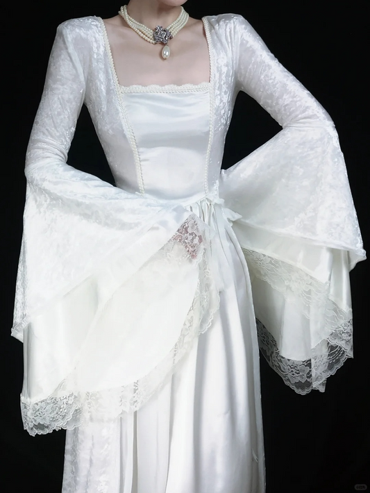Retro White Long Sleeves A-Line Lace Long Formal Prom Dresses Evening Gowns, D1155
