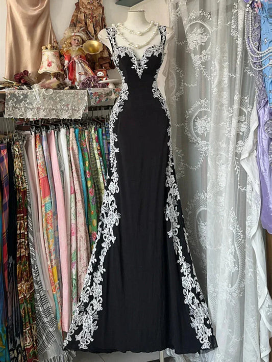 Chic Black Mermaid Spandex Straps with Lace Evening Dress, Black Long  Prom Dress