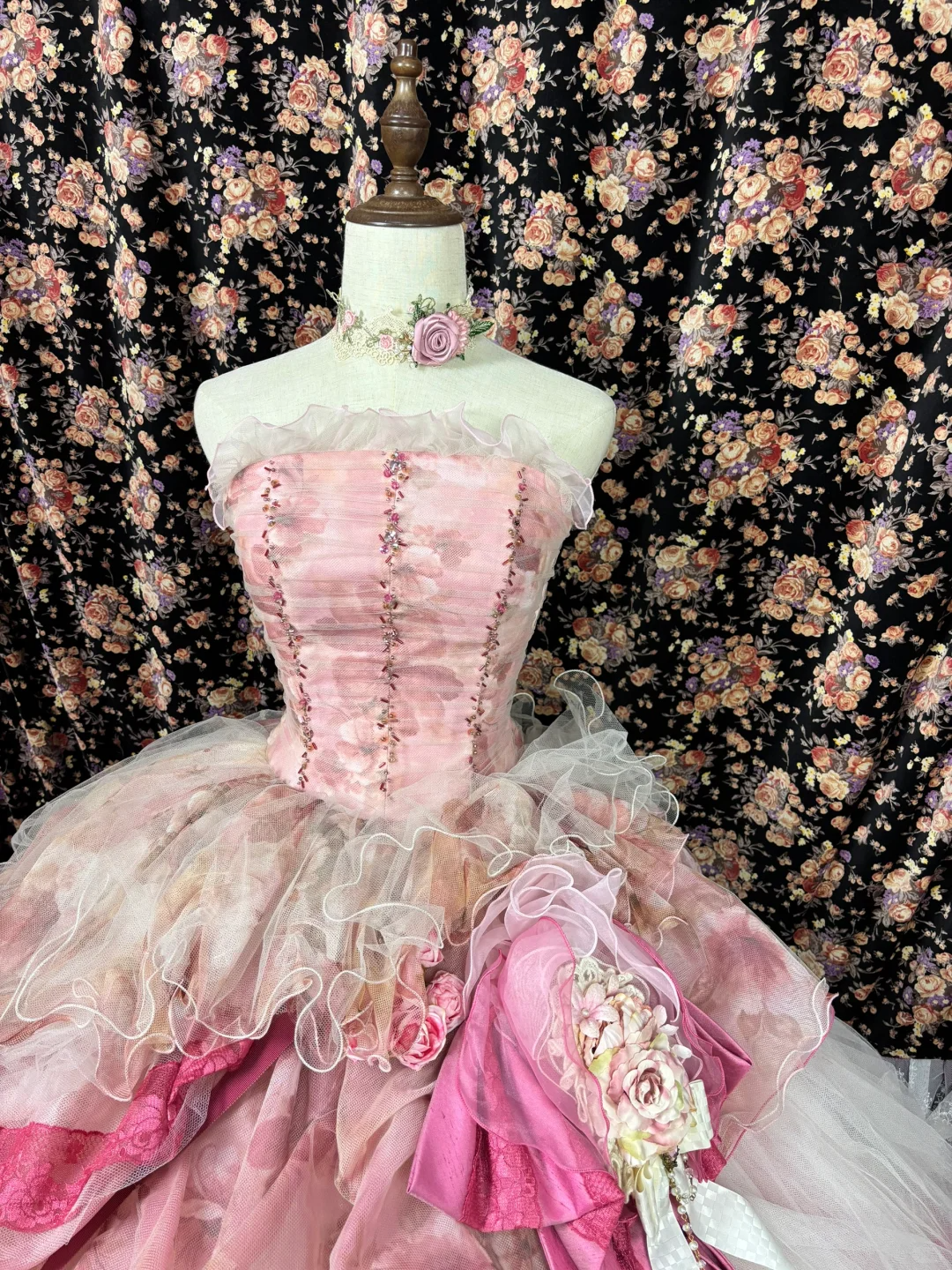 Retro Pink Strapless A-Line Tulle Quinceanera Dresses Evening Ball Gowns, D1266