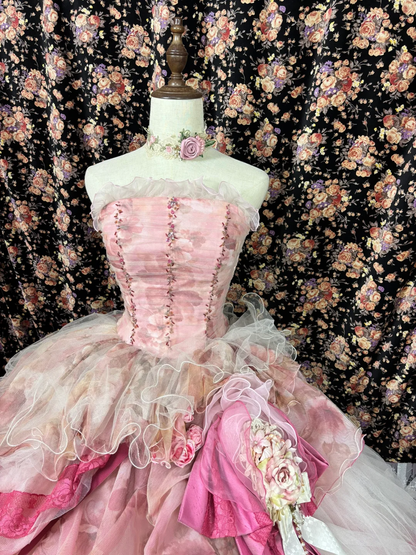 Retro Pink Strapless A-Line Tulle Quinceanera Dresses Evening Ball Gowns, D1266