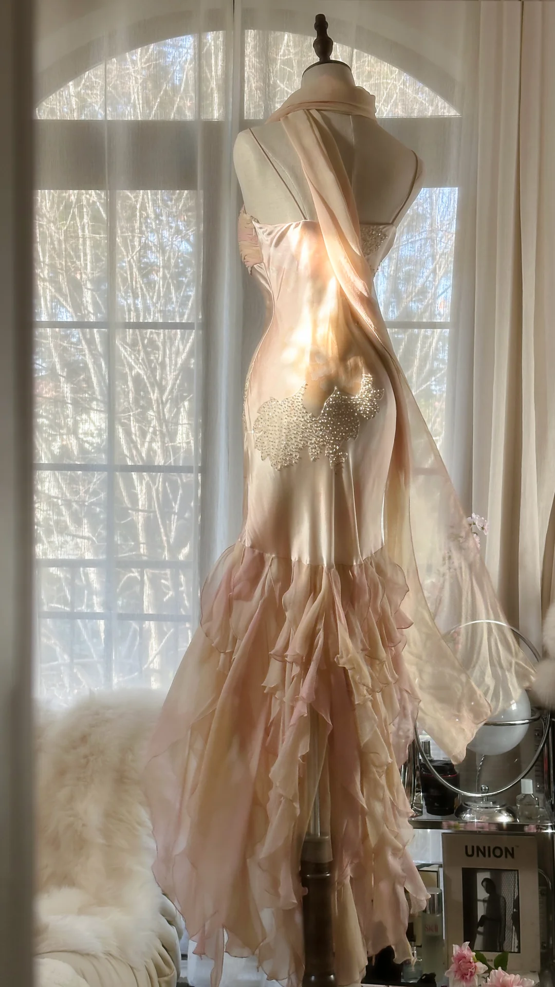 Fairy Pink Spaghetti Straps Mermaid Beaded Long Evening Dresses Birthday Outfits, D1071