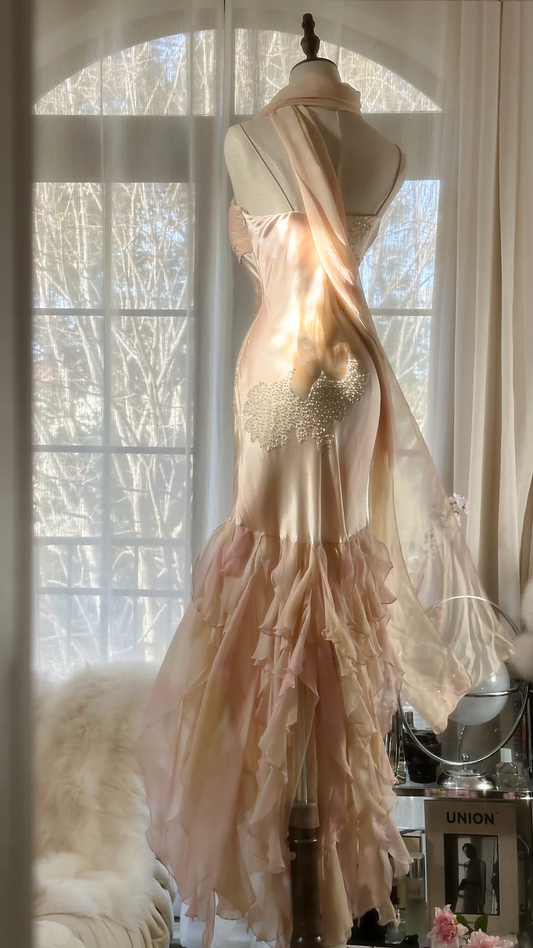 Fairy Pink Spaghetti Straps Mermaid Beaded Long Evening Dresses Birthday Outfits, D1071