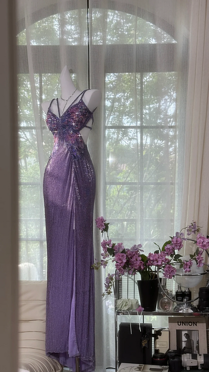 Purple halter-neck, fitted waist, backless, sexy bodycon long ball gown R7601
