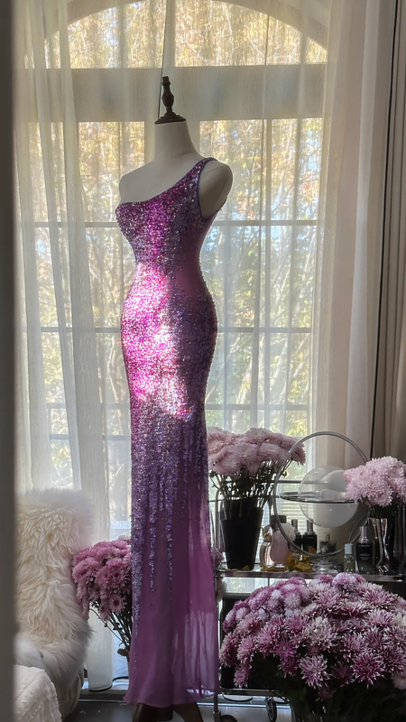 Purple one-shoulder sexy fitted waist bodycon long ball gown R7721