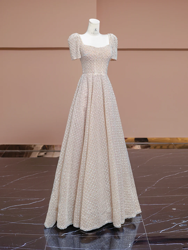 Nude pink square neckline, fitted waist, A-line skirt, long elegant ball gown, bridal dress R8305