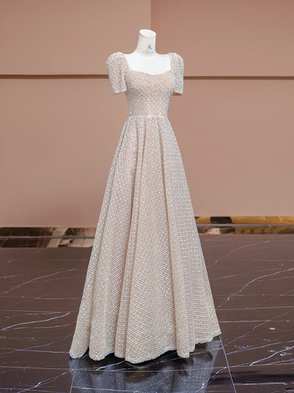 Nude pink square neckline, fitted waist, A-line skirt, long elegant ball gown, bridal dress R8305