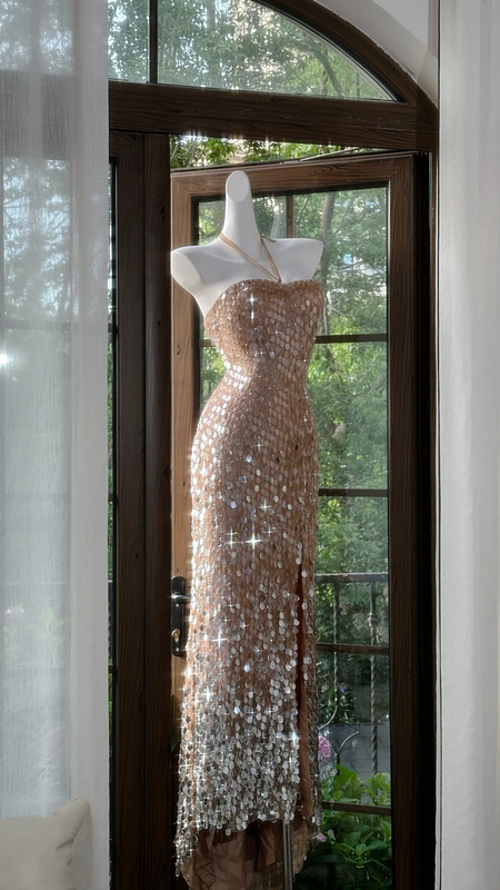 Champagne pink halter neck fitted waist sequined long ball gown R7640