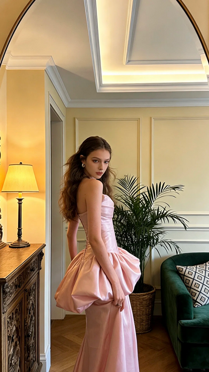 Light pink strapless fitted waist long elegant ball gown, bridal dress R8578